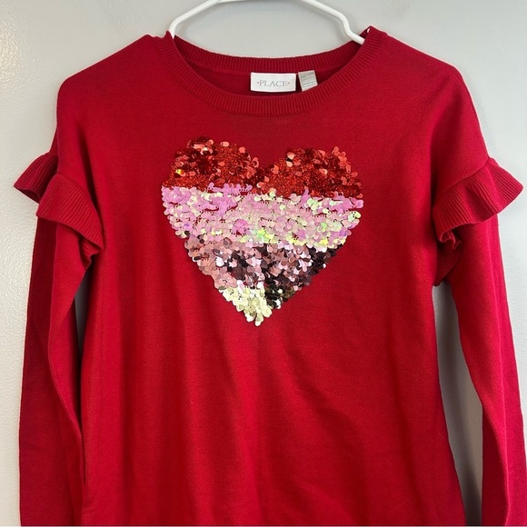 NWT Children's Place Red Sequin Heart Ruffle Sweater Dress Girls Size XXL 16 - Picture 2 of 9